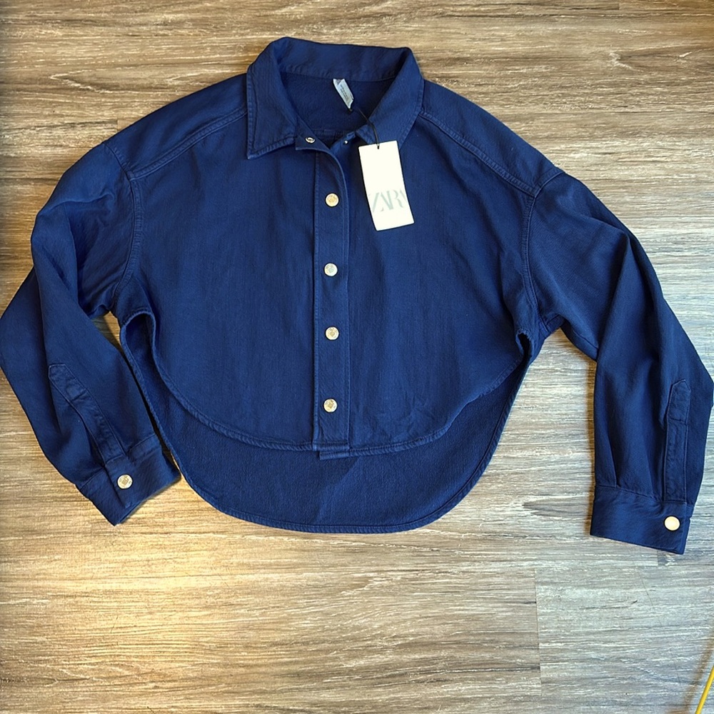 zara blue denim snap button shacket shirt jacket hi low size Medium